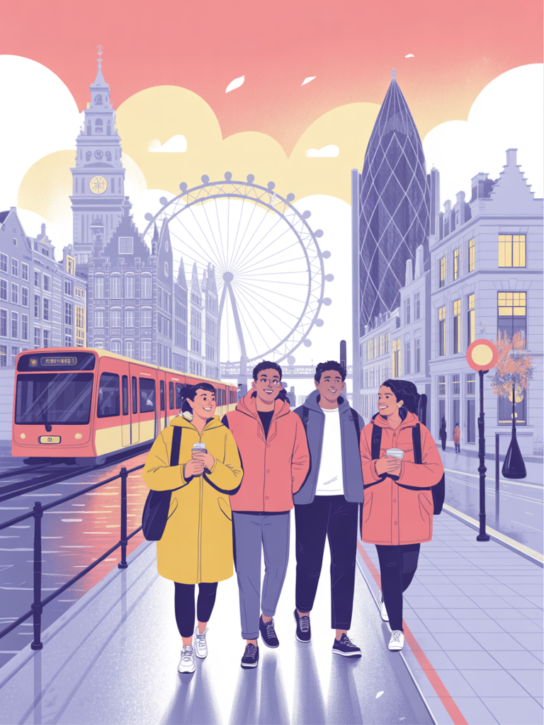 Amigos caminando en las calles de Londres