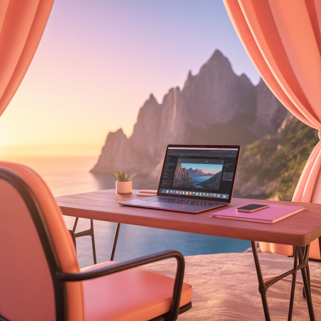 Computadora y escritorio con vista a montañas